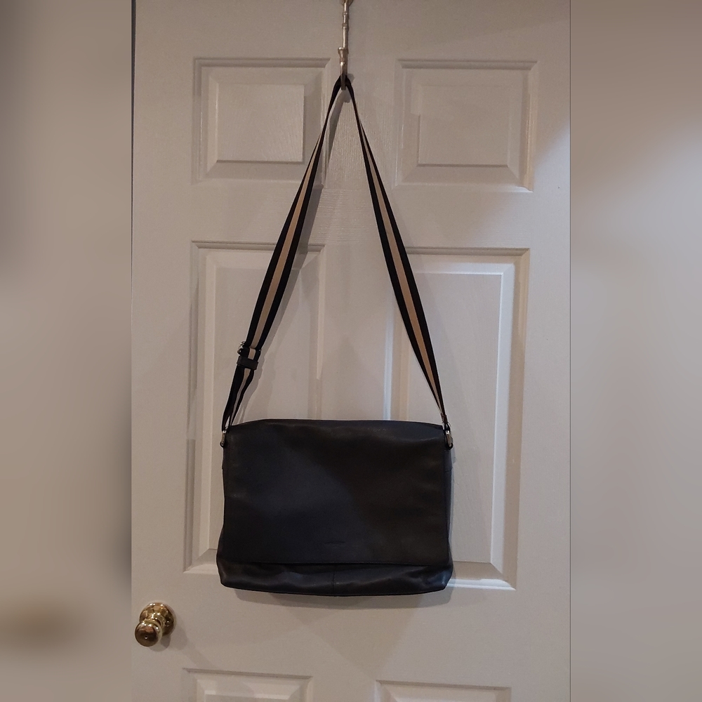 Navy blue leather messenger laptop bag